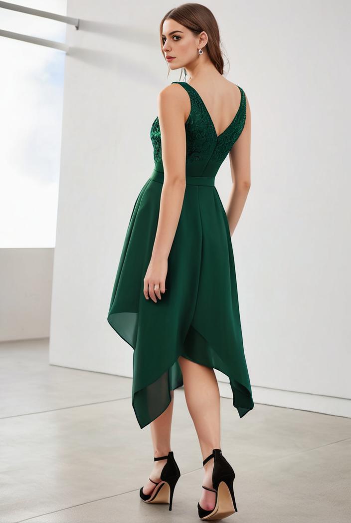 deep v neck lace chiffon bridesmaid dress with asymmetrical hem 129508