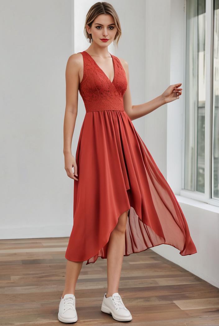 deep v neck lace chiffon bridesmaid dress with asymmetrical hem 129515