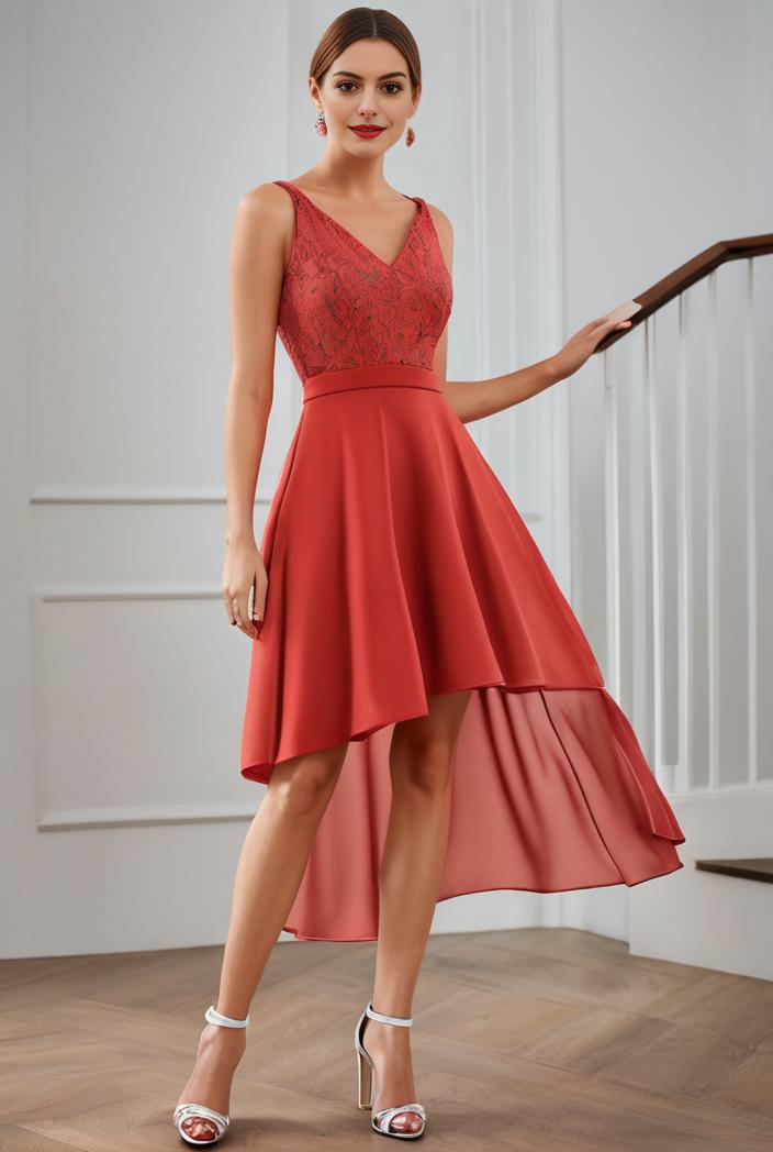 deep v neck lace chiffon bridesmaid dress with asymmetrical hem 129516