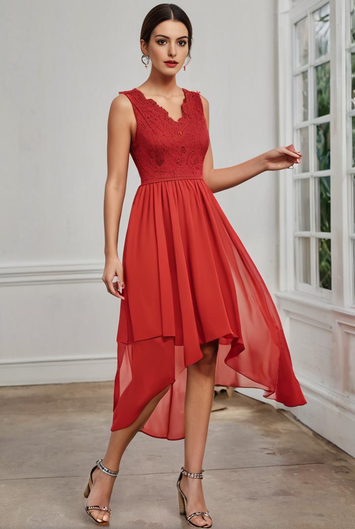 deep v neck lace chiffon bridesmaid dress with asymmetrical hem 129520