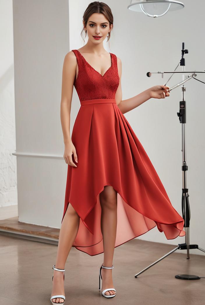 deep v neck lace chiffon bridesmaid dress with asymmetrical hem 129519