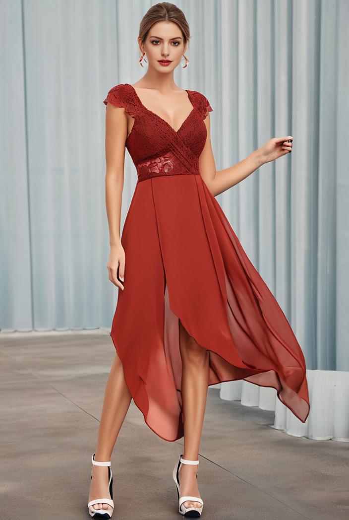 deep v neck lace chiffon bridesmaid dress with asymmetrical hem 129521