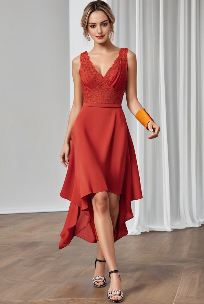 deep v neck lace chiffon bridesmaid dress with asymmetrical hem 129522