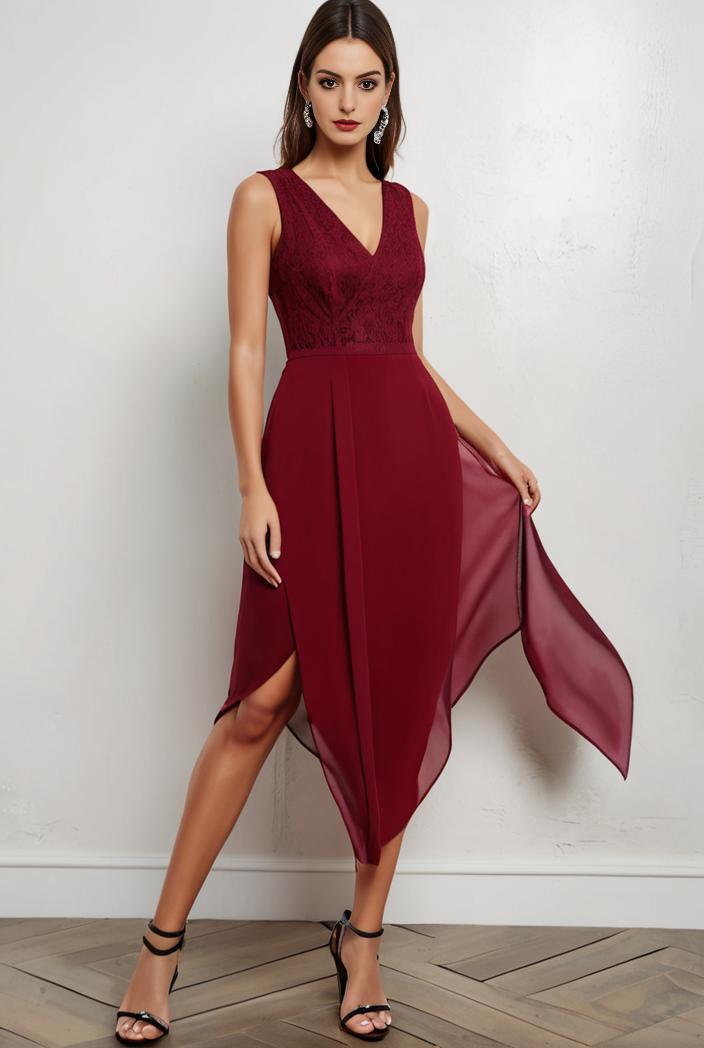 deep v neck lace chiffon bridesmaid dress with asymmetrical hem 129529