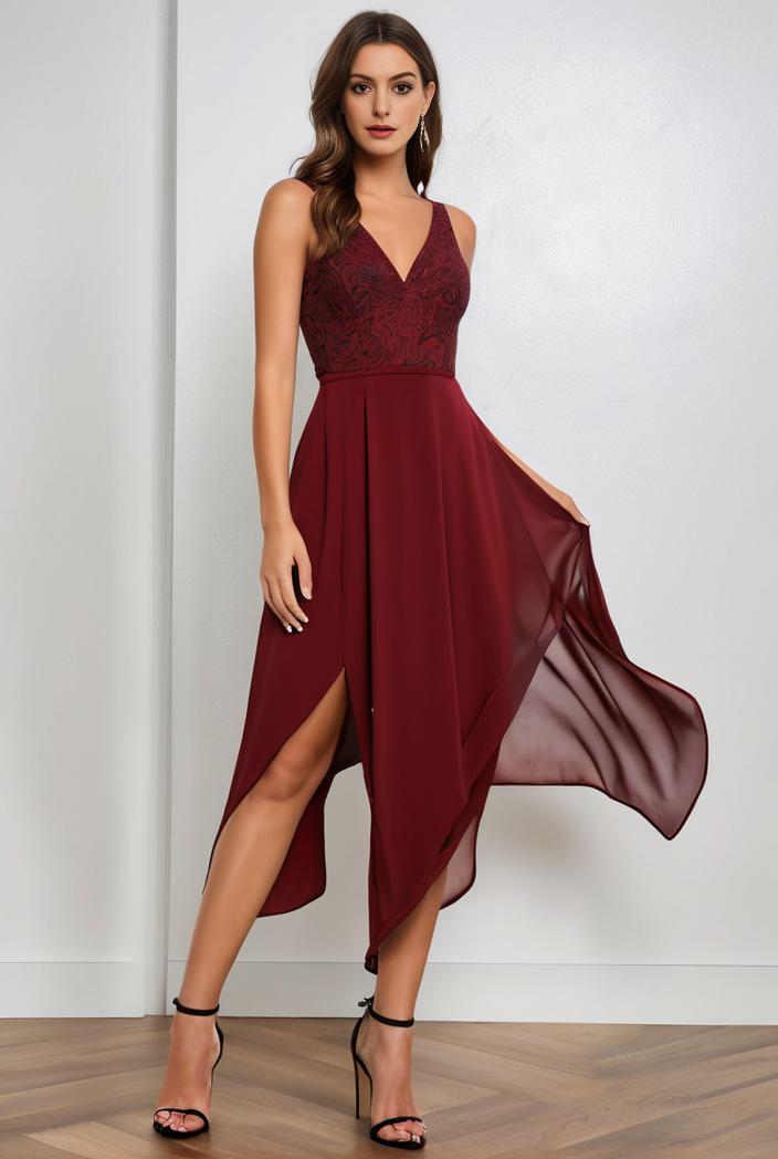 deep v neck lace chiffon bridesmaid dress with asymmetrical hem 129531