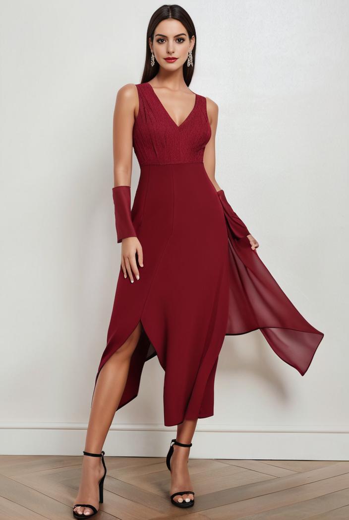 deep v neck lace chiffon bridesmaid dress with asymmetrical hem 129533