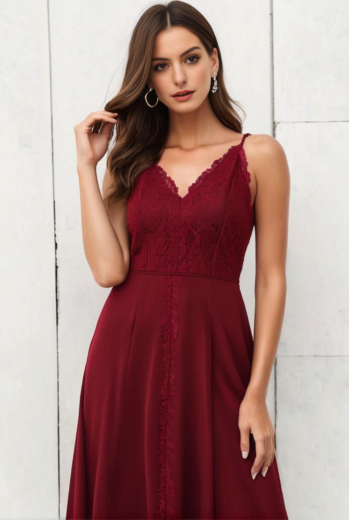 deep v neck lace chiffon bridesmaid dress with asymmetrical hem 129560