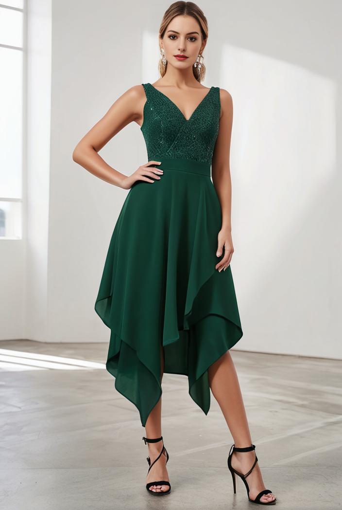 deep v neck lace chiffon bridesmaid dress with asymmetrical hem 129688