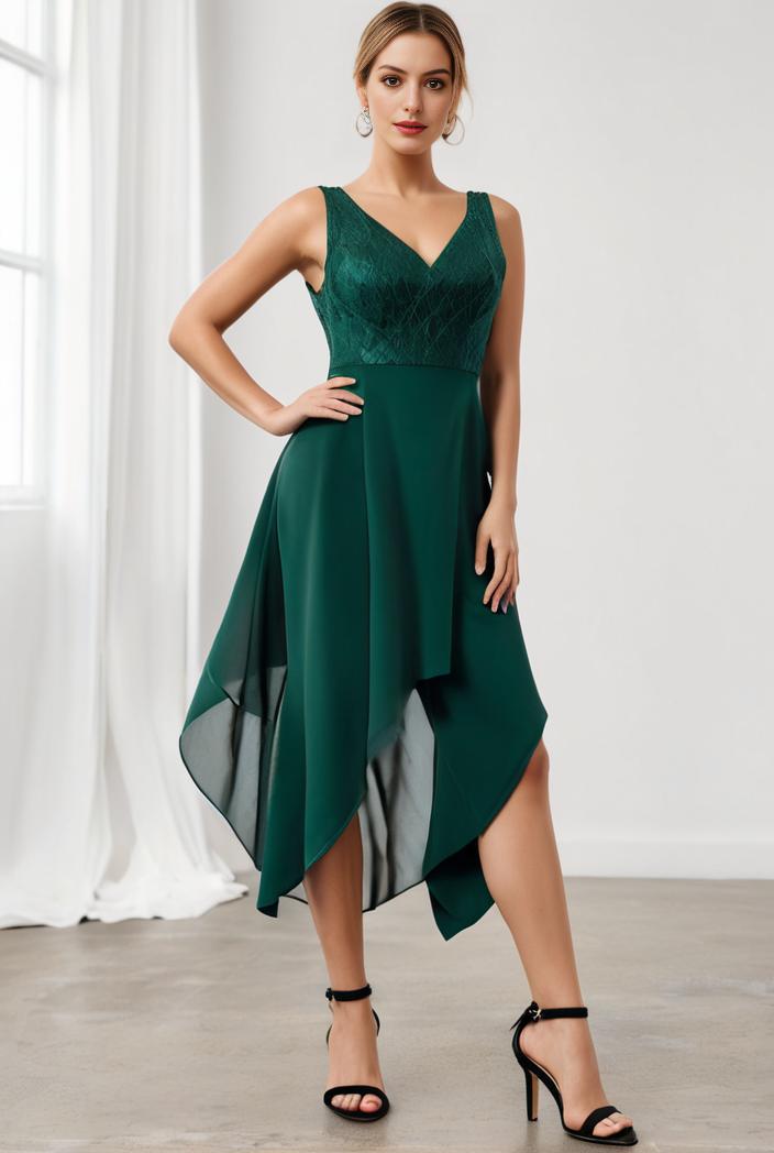deep v neck lace chiffon bridesmaid dress with asymmetrical hem 129686