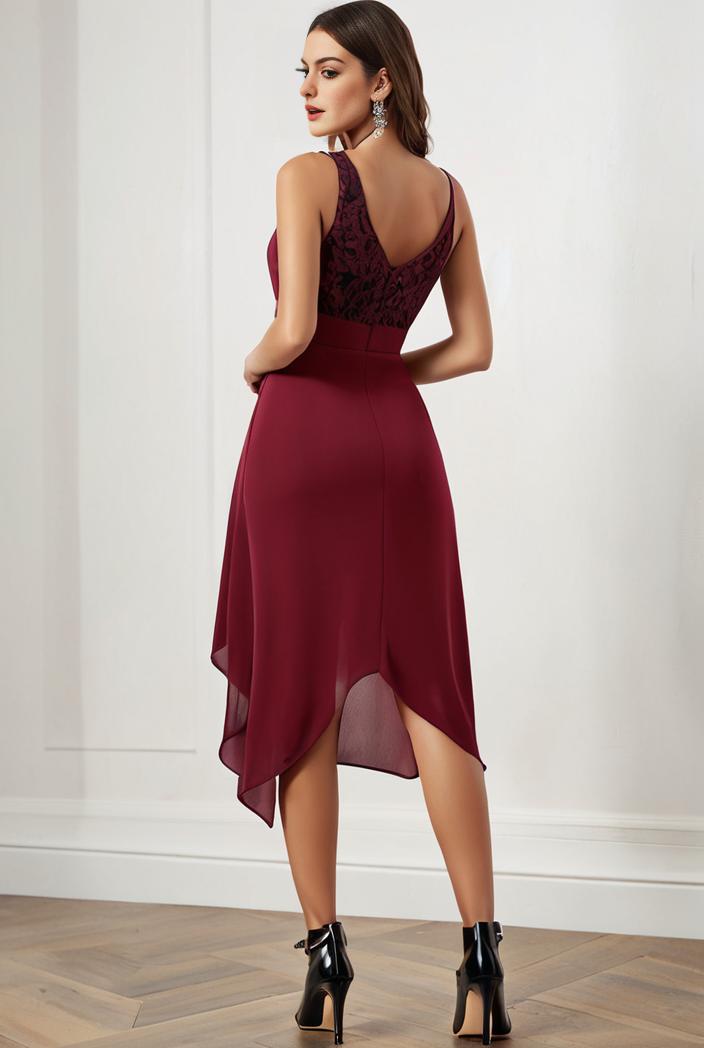 deep v neck lace chiffon bridesmaid dress with asymmetrical hem 129712