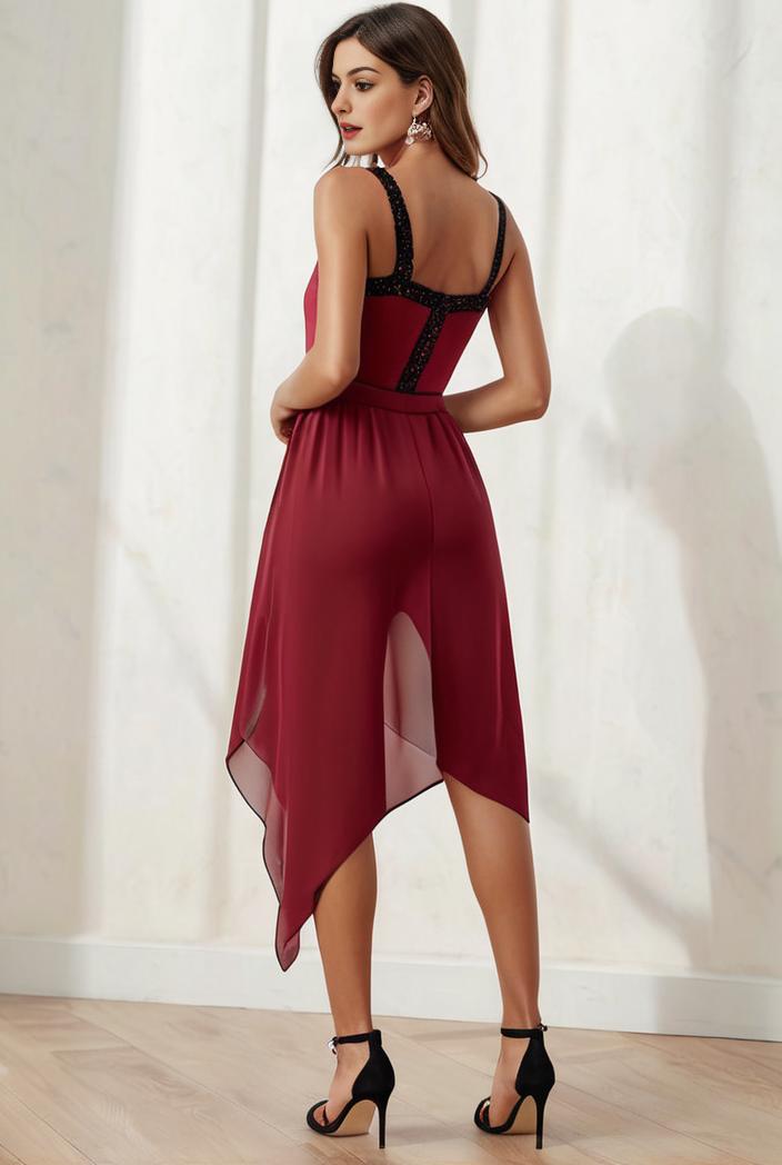deep v neck lace chiffon bridesmaid dress with asymmetrical hem 129717