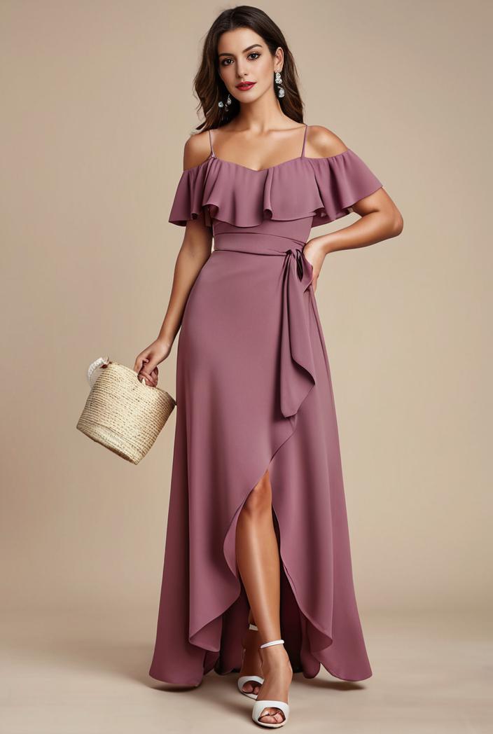 elegant chiffon high low off the shoulder bridesmaid dress 130435