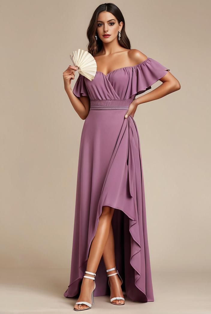 elegant chiffon high low off the shoulder bridesmaid dress 130438