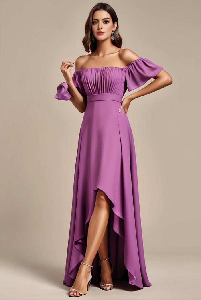 elegant chiffon high low off the shoulder bridesmaid dress 130440