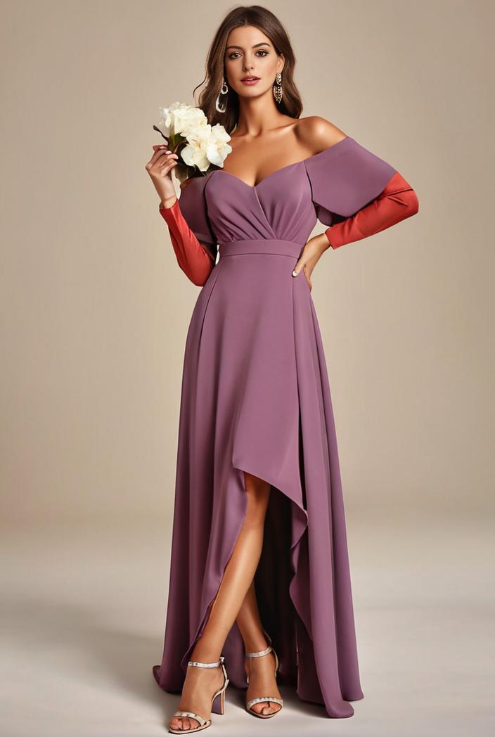 elegant chiffon high low off the shoulder bridesmaid dress 130444