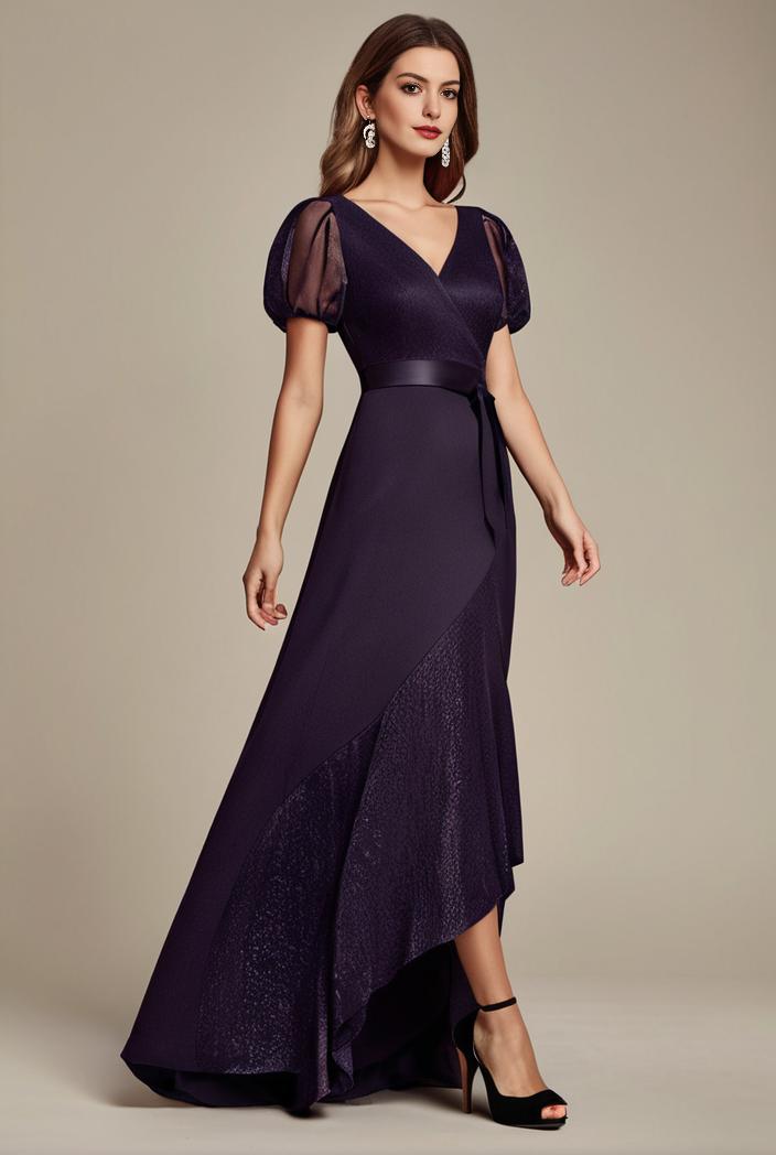 glitter high low front side slit ruffled v neck evening dress 133410