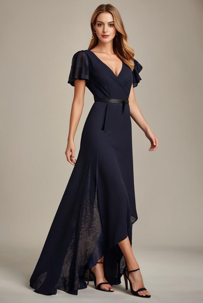 glitter high low front side slit ruffled v neck evening dress 133411