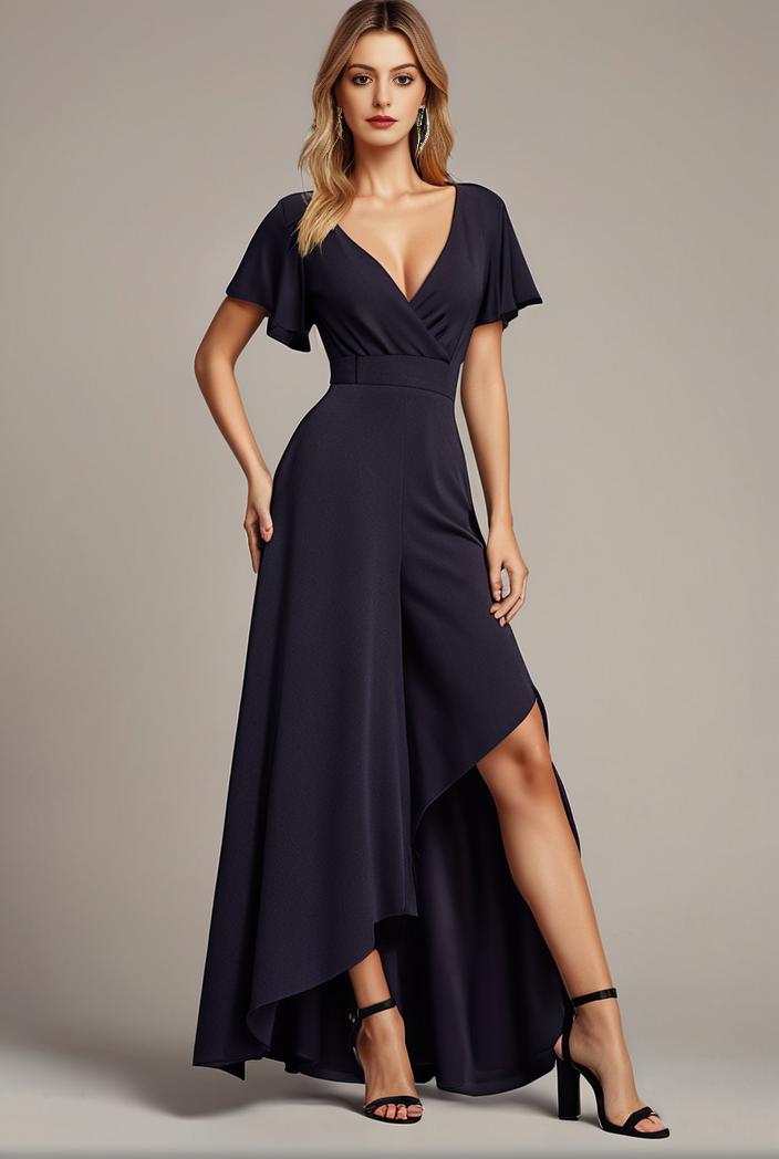 glitter high low front side slit ruffled v neck evening dress 133412