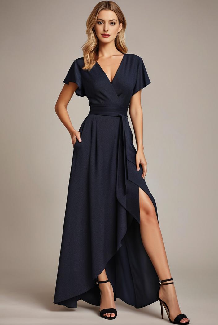 glitter high low front side slit ruffled v neck evening dress 133416