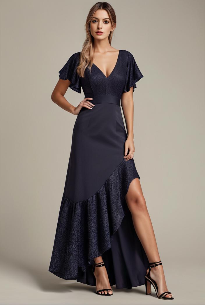 glitter high low front side slit ruffled v neck evening dress 133415