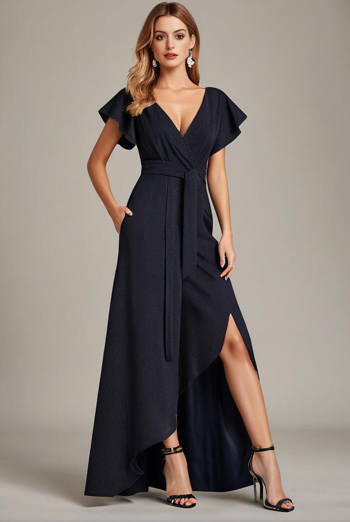 glitter high low front side slit ruffled v neck evening dress 133420