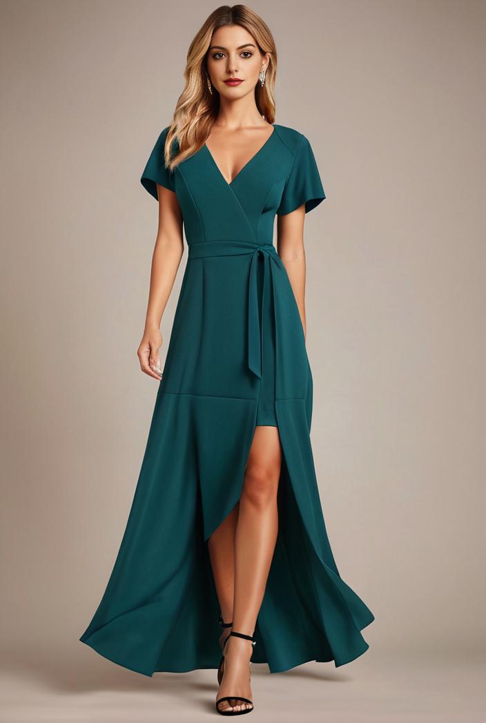 glitter high low front side slit ruffled v neck evening dress 133423