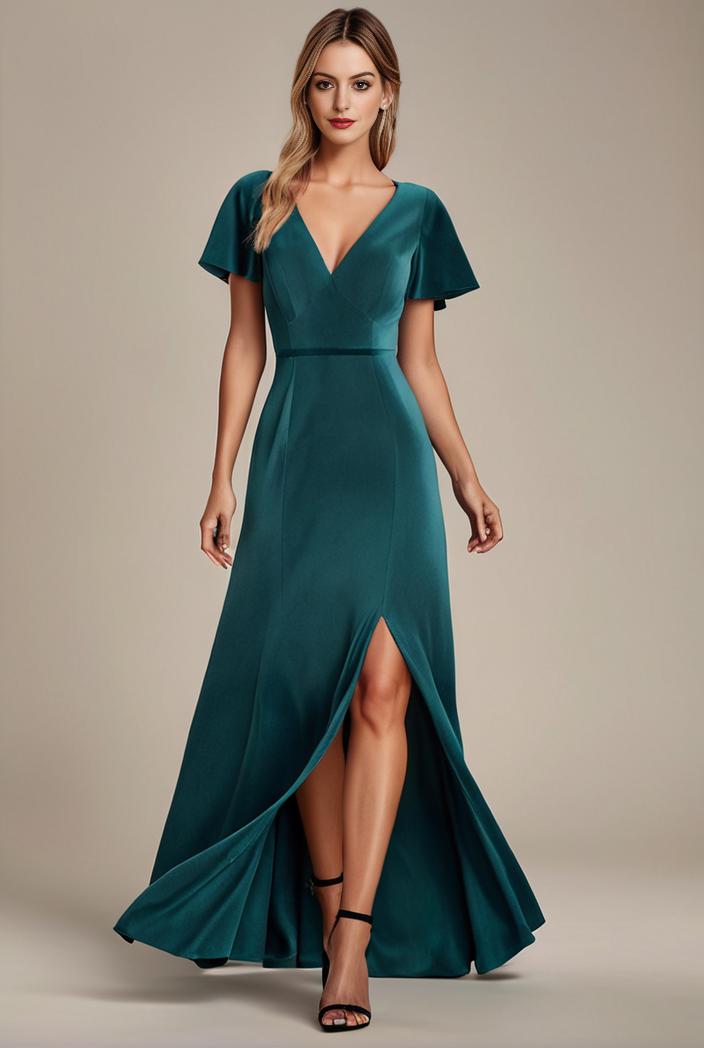 glitter high low front side slit ruffled v neck evening dress 133424