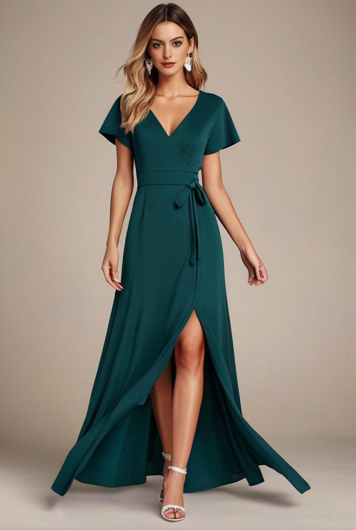 glitter high low front side slit ruffled v neck evening dress 133425