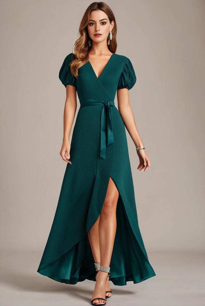 glitter high low front side slit ruffled v neck evening dress 133427