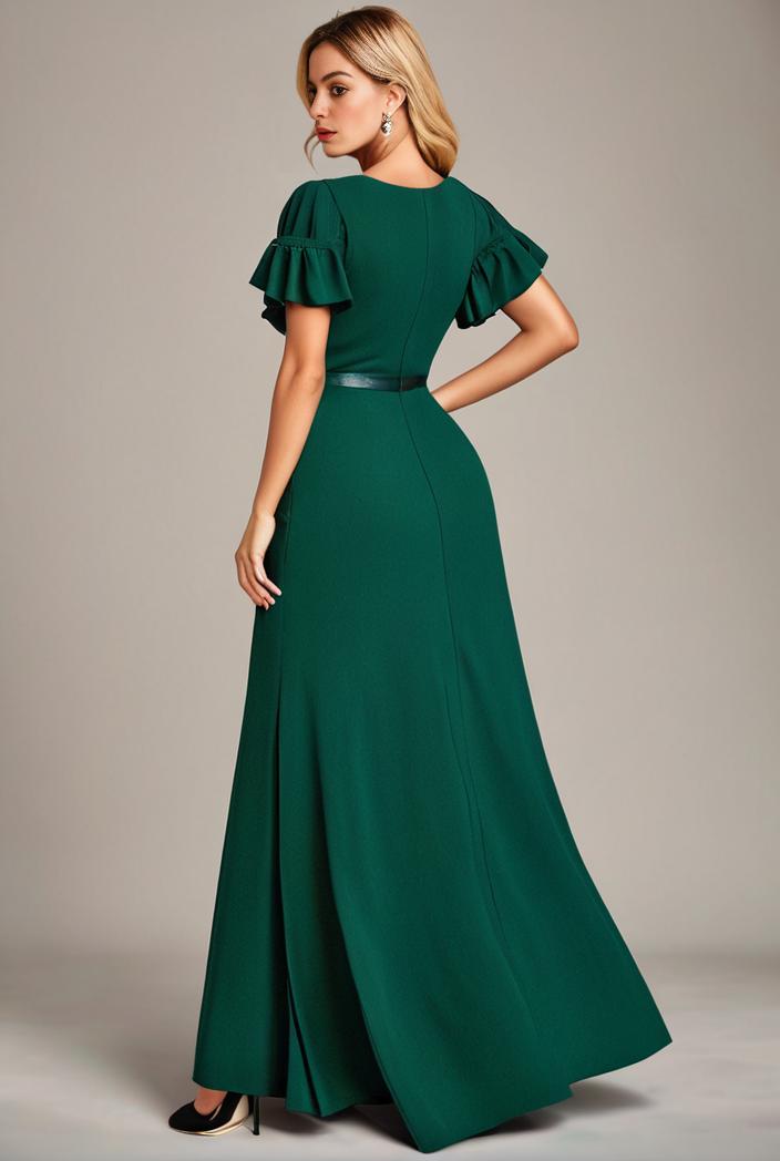 glitter high low front side slit ruffled v neck evening dress 133438