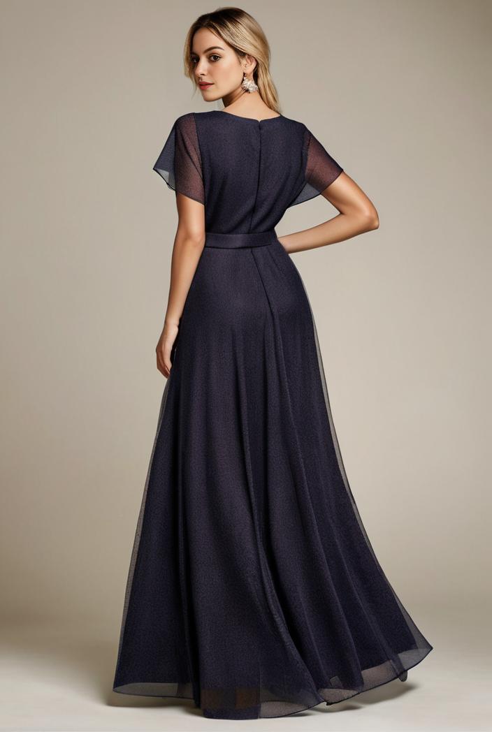glitter high low front side slit ruffled v neck evening dress 133442