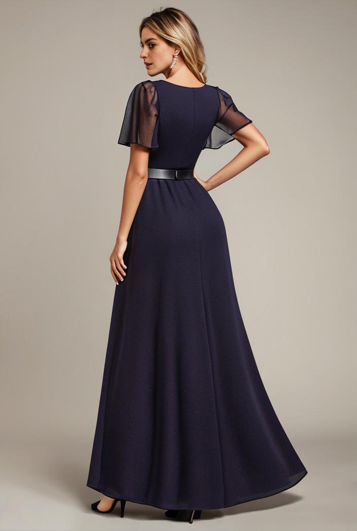 glitter high low front side slit ruffled v neck evening dress 133443