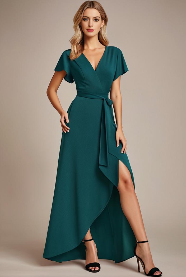 glitter high low front side slit ruffled v neck evening dress 133465