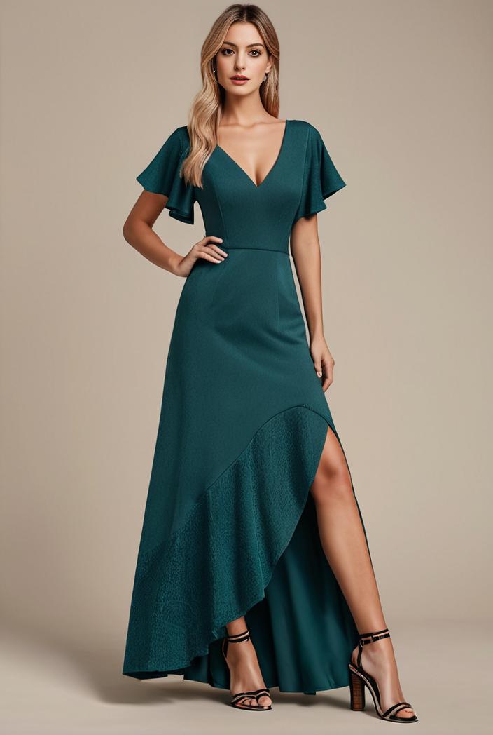 glitter high low front side slit ruffled v neck evening dress 133466