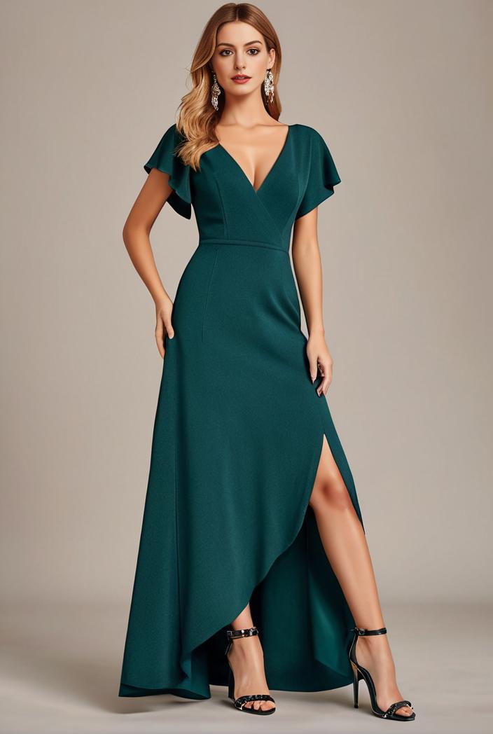 glitter high low front side slit ruffled v neck evening dress 133468