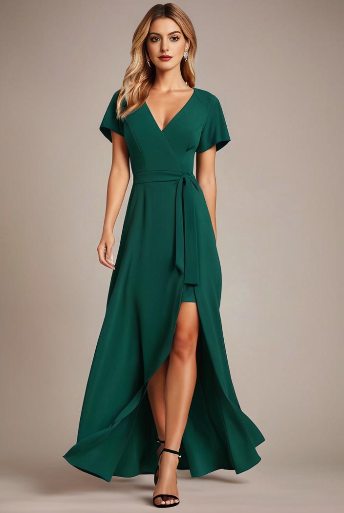 glitter high low front side slit ruffled v neck evening dress 133480