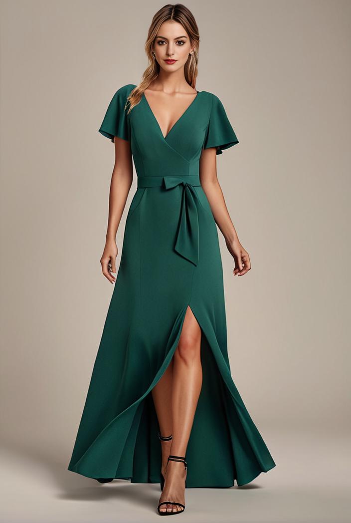 glitter high low front side slit ruffled v neck evening dress 133479
