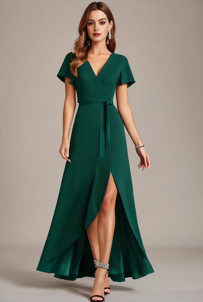 glitter high low front side slit ruffled v neck evening dress 133484