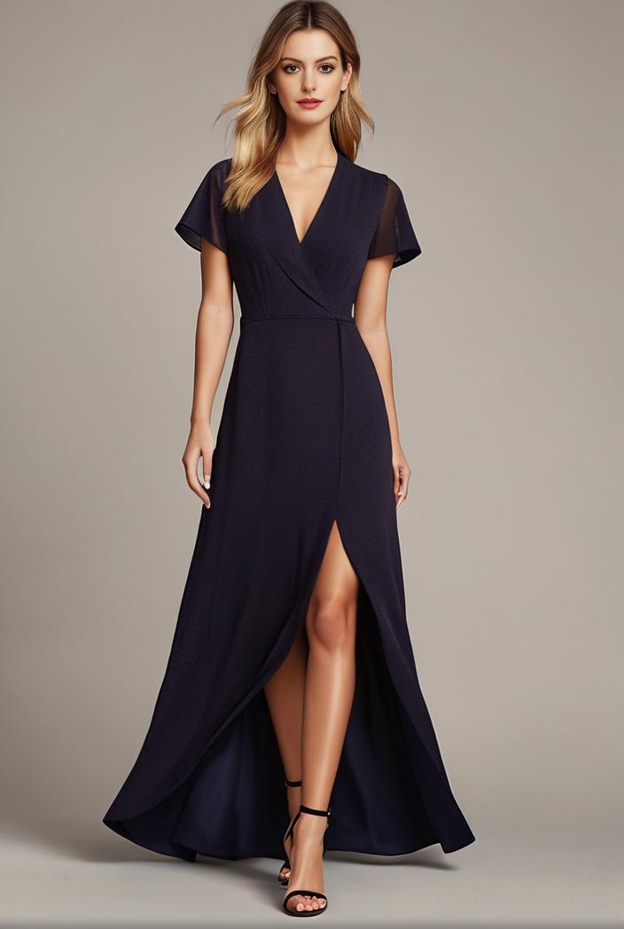glitter high low front side slit ruffled v neck evening dress 133485