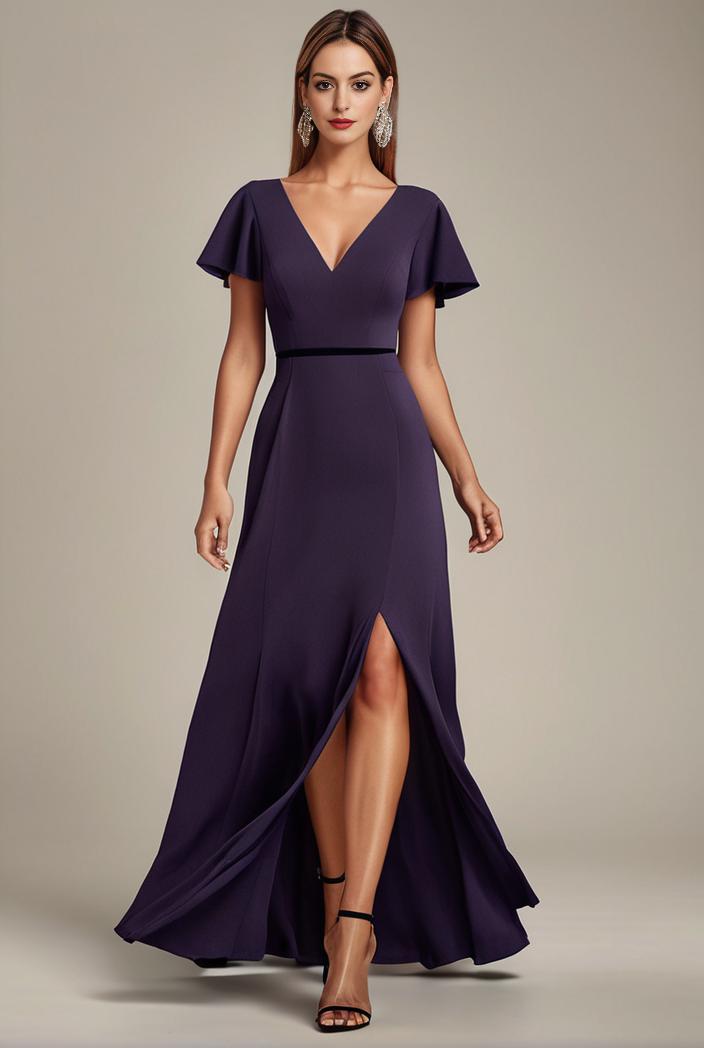 glitter high low front side slit ruffled v neck evening dress 133488