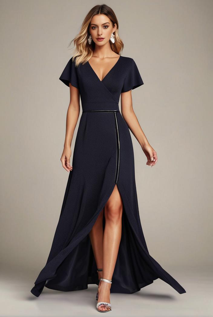 glitter high low front side slit ruffled v neck evening dress 133489