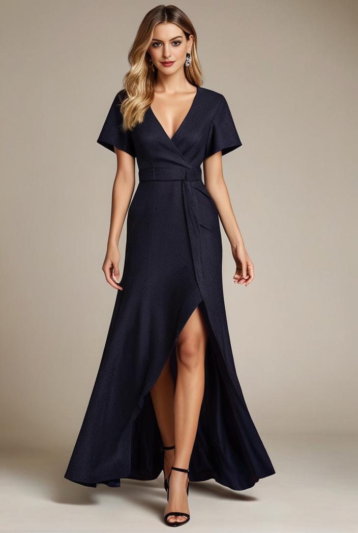 glitter high low front side slit ruffled v neck evening dress 133490