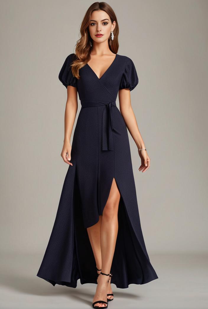 glitter high low front side slit ruffled v neck evening dress 133492