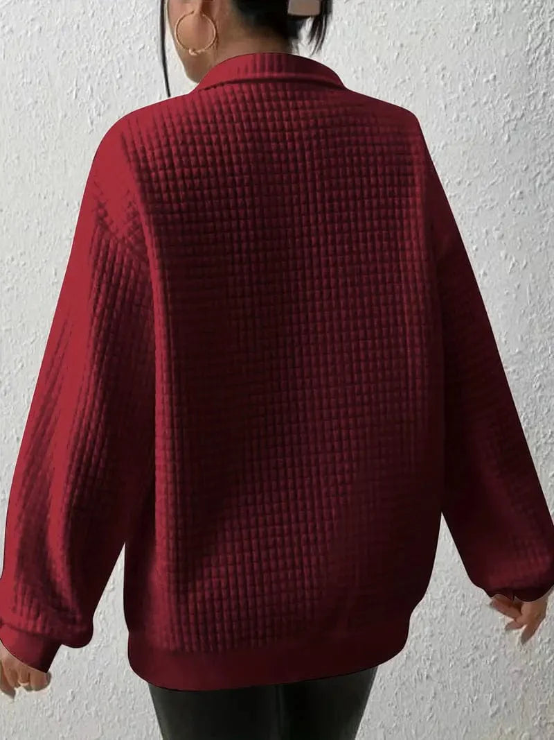 Waffle Grid Quarter Zip Pullover - Stylish Women's Fall & Winter Sweatshirt