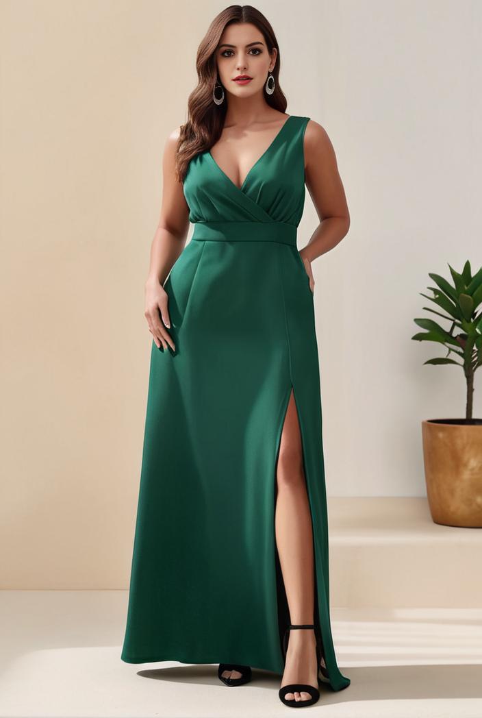 plus size shiny v neck side slit formal evening dress 138795