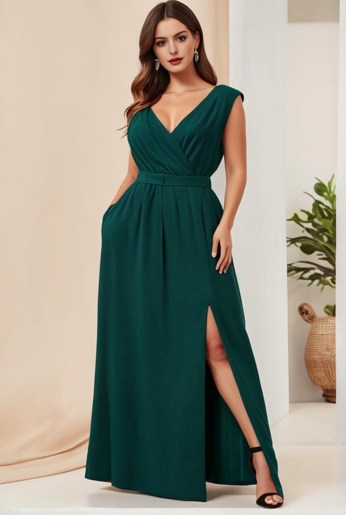 plus size shiny v neck side slit formal evening dress 138801