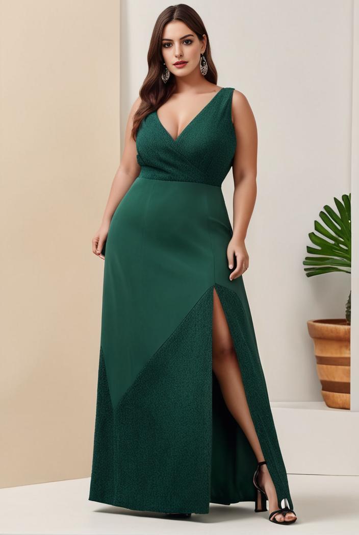 plus size shiny v neck side slit formal evening dress 138803