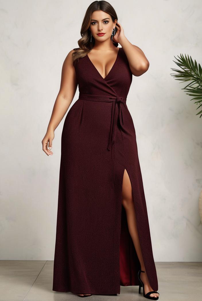 plus size shiny v neck side slit formal evening dress 138819