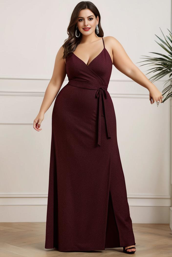 plus size shiny v neck side slit formal evening dress 138821