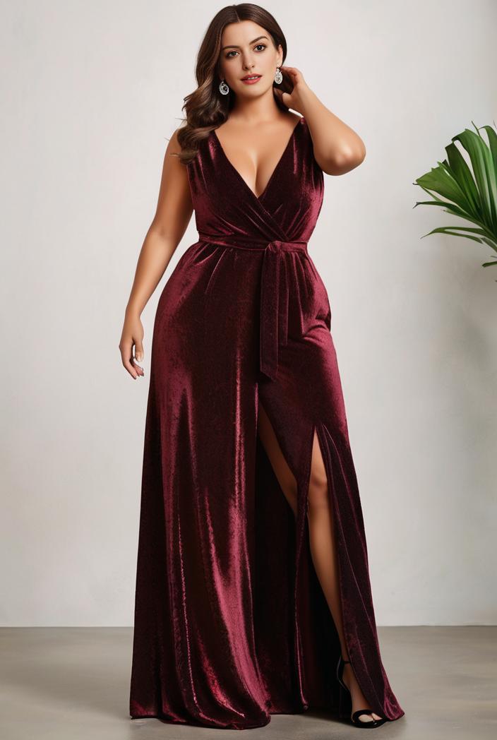 plus size shiny v neck side slit formal evening dress 138822